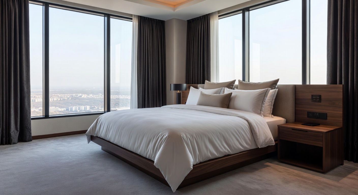 Deluxe Room interior with modern bed and large windows